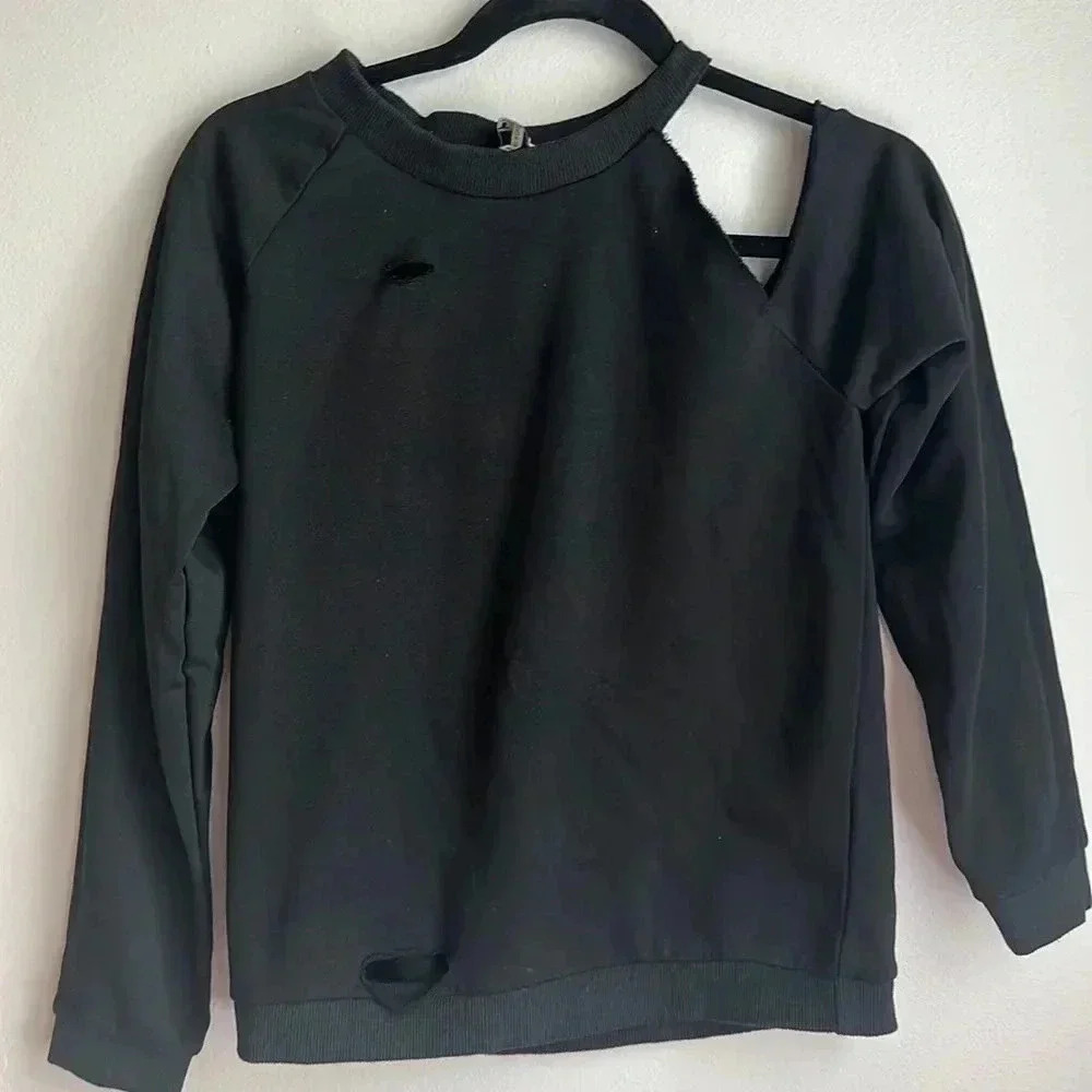 TOV Los Angeles Ripped Cold Shouder Sweatshirt Black Size 38 Small